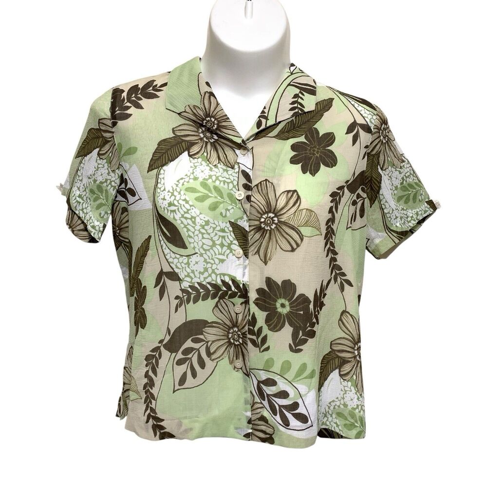 Alfred Dunner Blouse Womens Size 14 Green Brown Floral Short Sleeve Button Up